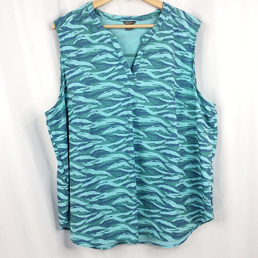 Eddie Bauer Tank Top Women's Size 2XL Blue Green Sleeveless Notch V-Neck Travel